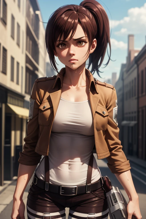 masterpiece,best quality,high resolution,8k,ultra HD,wallpaper,illustration,perfect face,cowboy shot,beautiful detailed eyes,extremely detailed face,perfect lighting,extremely detailed CG,perfect anatomy,perfect body,perfect thick,perfect hands,perfect fingers,1woman,full body,,muscle fighter body,(brown long ponytail hair),brown eyes,large breasts,Medium ass,,(brown jacket inner white Y-shirt),black hot pants,clothed,collarbone,looking at viewer,(),steam,sweat,(Attack on Titan character Sasha Braus),