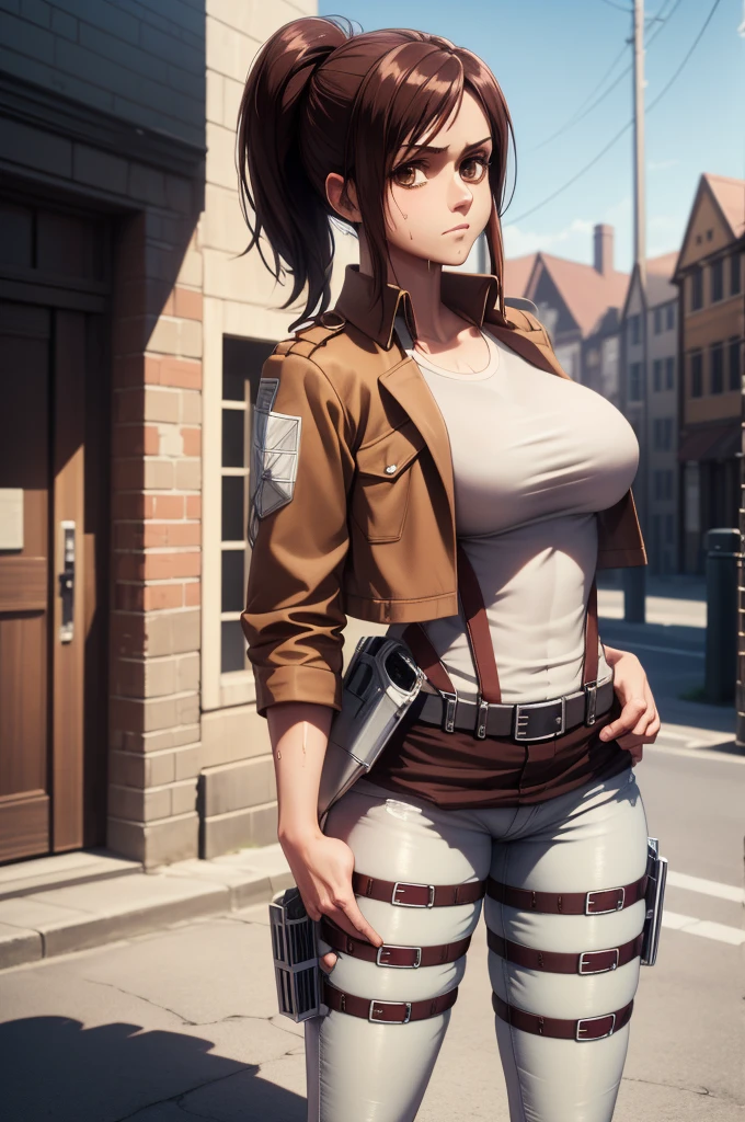 masterpiece,best quality,high resolution,8k,ultra HD,wallpaper,illustration,perfect face,cowboy shot,beautiful detailed eyes,extremely detailed face,perfect lighting,extremely detailed CG,perfect anatomy,perfect body,perfect thick,perfect hands,perfect fingers,1woman,full body,,muscle fighter body,(brown long ponytail hair),brown eyes,large breasts,Medium ass,,(brown jacket inner white Y-shirt),black hot pants,clothed,collarbone,looking at viewer,(),steam,sweat,(Attack on Titan character Sasha Braus),