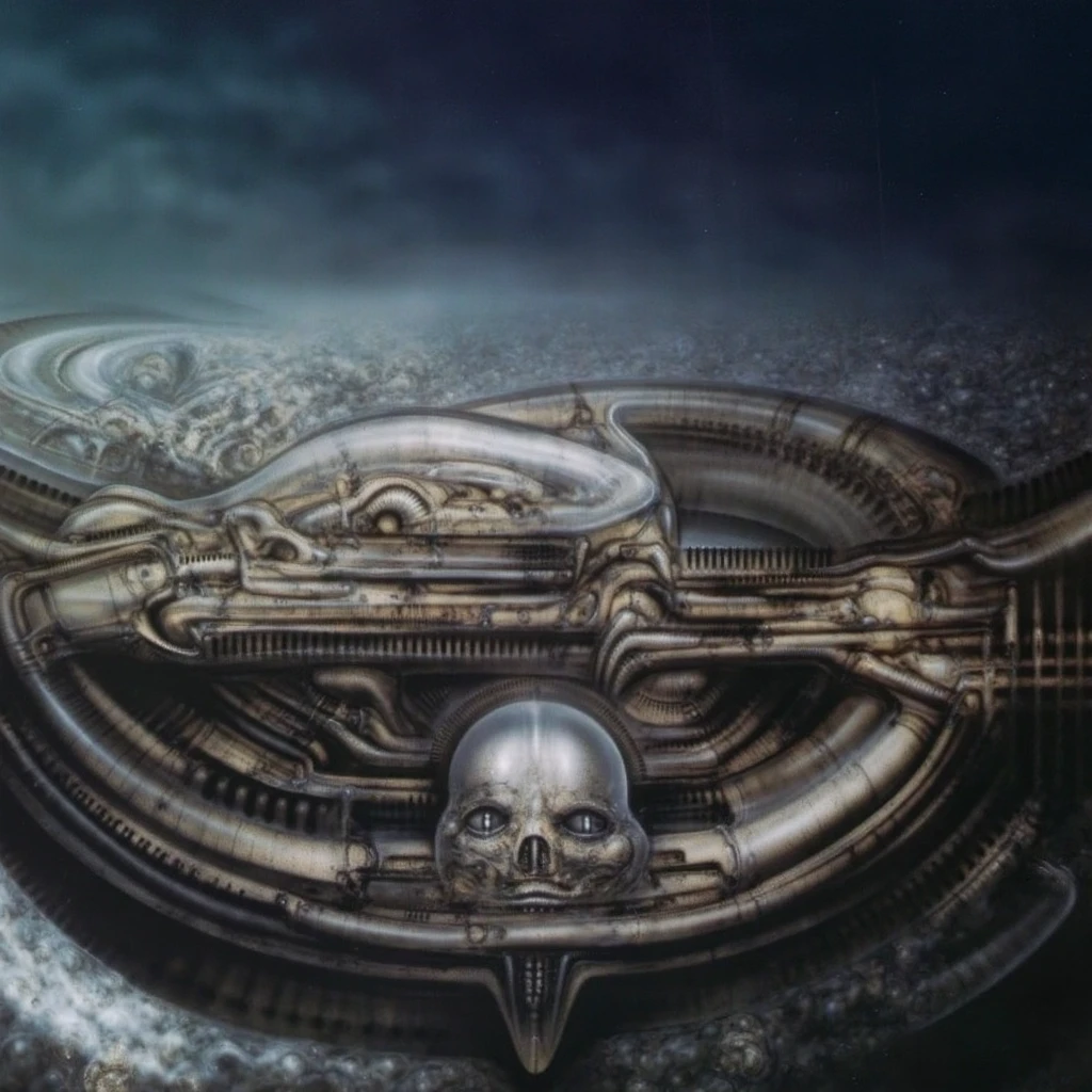 H. R. Giger's g1g3r, , Giger_style, The image is a detailed view of H.R. Giger's \" NY City  \" plate, featuring ( biomechanisms in landscape  surrounded by other aliens with ivorish fossilized body parts and features, all set against a nisty background.) H R GIGER's biomechanical is a digital artwork featuring  vertical city set against a backdrop of intricate mechanical pipes and wires.. with a glowing light source, dence cloudy mist, strokes of steam. (A haunting and surreal image inspired by the work of H.R. Giger. The artwork depicts a biomechanical , with intricate tubes and pipes snaking along the walls.  The image features a close-up of a mechanical object with a complex, intricate design, resembling a futuristic machine or robot, made of  burned bone and ivory, fossils,set against a blurred background, adding to the sense of unease and mystery. The overall atmosphere is one of darkness, decay, and the unsettling nature of the unknown, best quality:1.4) The artistic manner would be unmistakably Gigeresque. A dark and unsettling beauty would permeate the piece, blurring the lines between fascination and repulsion , forever haunted by the grotesque allure. Giger's signature artistic manner would be evident in every stroke. The artist has used careful linework to depict the contours and textures in the piece, (Triadic:1.1), (Proportion:1.1),  , (Reflected light:1.2), Parchment, ultra detailed, intricate,, dry b (best quality:1.4), H.R. GIGER,  BY GIGER