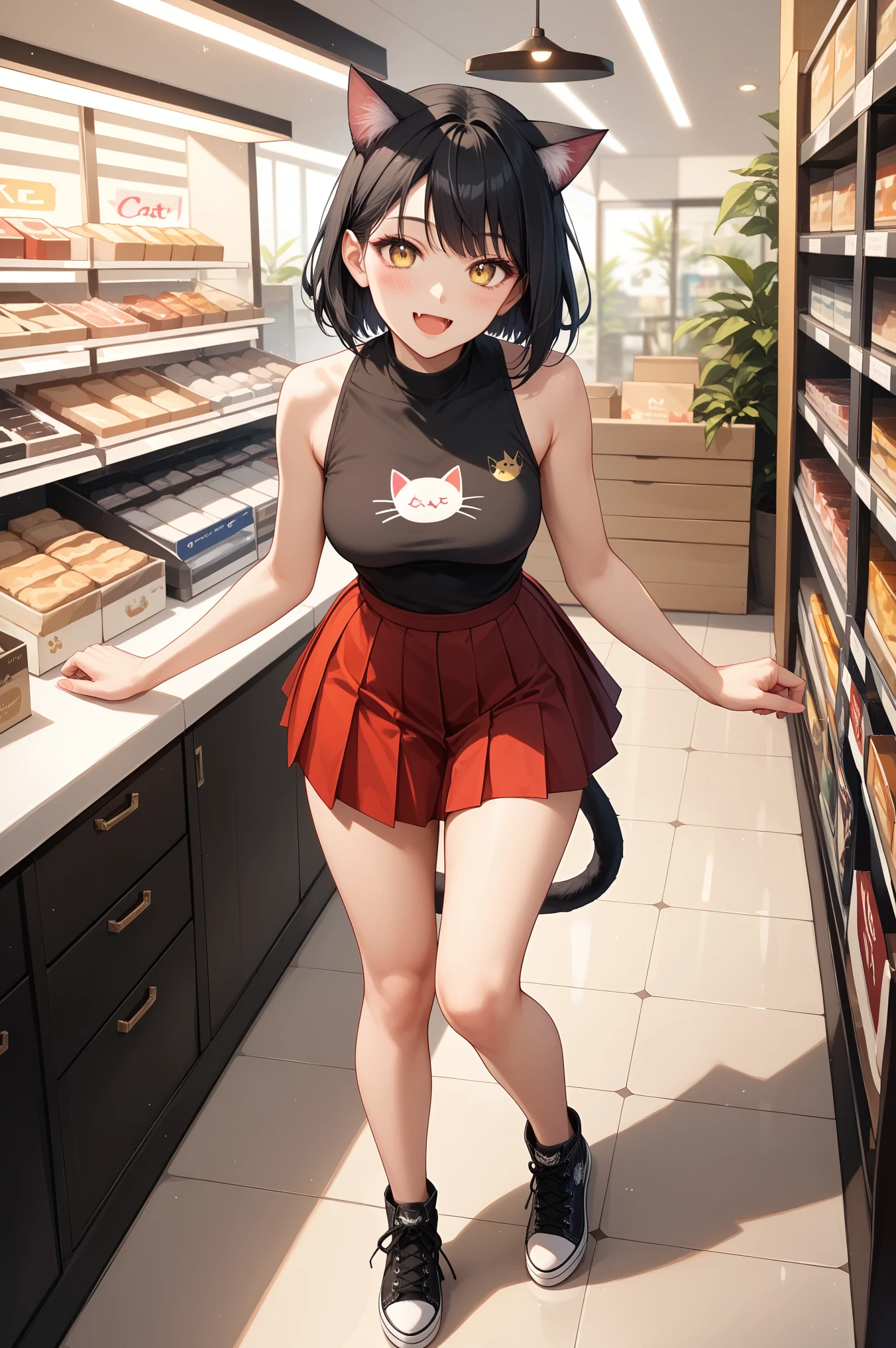 (masterpiece, best quality), (score_9,score_8_up,score_7_up), (highly-detailed), solo, young woman, 21 years old, (short stylish black hair), (bright yellow eyes), (nice body, curvaceous, fit), cute face, (cat ears, cat tail), (cool cat_print black sleeveless shirt), (red pleated skirt), thighs, legs, black converse_shoes, cute feline fang, mouth closed, happy, blush, joyful, modeling her new attire, (fancy modern clothes shop, wholesome day),