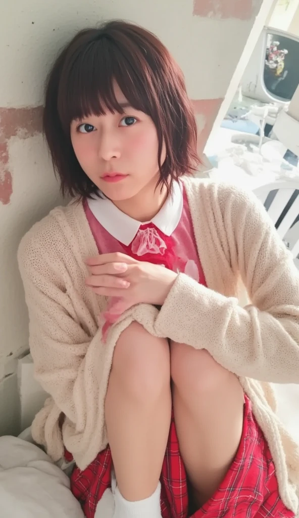 (((8k、 Hi-Res、Best Quality、 Hi-Res)))Alone、Natural body shape、 white skin、  natural makeup、 black hair、bangs、Straight hair 、、((High School Uniform)) 、(( beige cardigan 、long sleeve blouse with white collar ))、(( red plaid pleated skirt))、(Red school ribbon),((The upper body is wearing a uniform))、((((( looks at the camera)))))、(((Head to shin portrait)))、((( exposes the thighs)))、bedroom、 bed、 sitting with legs open 、((Focus on crotch))、 holding white socks 

