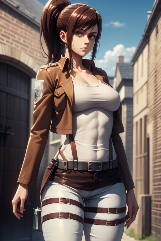 masterpiece,best quality,high resolution,8k,ultra HD,wallpaper,illustration,perfect face,cowboy shot,beautiful detailed eyes,extremely detailed face,perfect lighting,extremely detailed CG,perfect anatomy,perfect body,perfect thick,perfect hands,perfect fingers,1woman,full body,,muscle fighter body,(brown long ponytail hair),brown eyes,large breasts,Medium ass,,(brown jacket inner white Y-shirt),black hot pants,clothed,collarbone,looking at viewer,(),steam,sweat,(Attack on Titan character Sasha Braus),