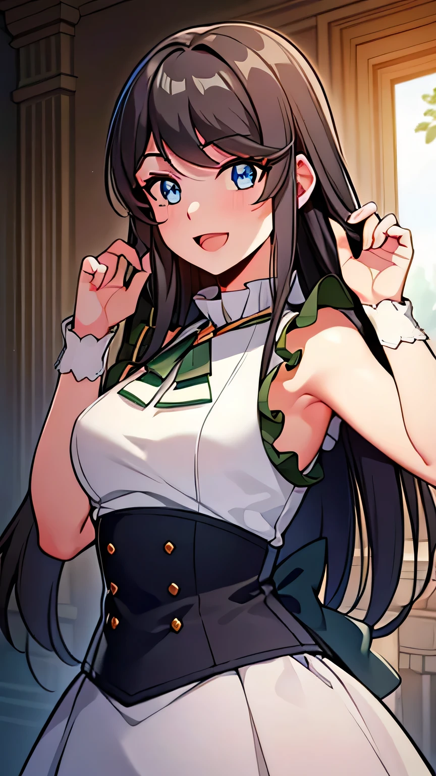 quality, masterpiece, highly detailed, 16k, masterpiece, tilly wimbledon, sleeveless, 1girl, smile, open mouth, blush, detailed face, detailed eyes, medium breast, blue eyes, castle, both hands up, armpits