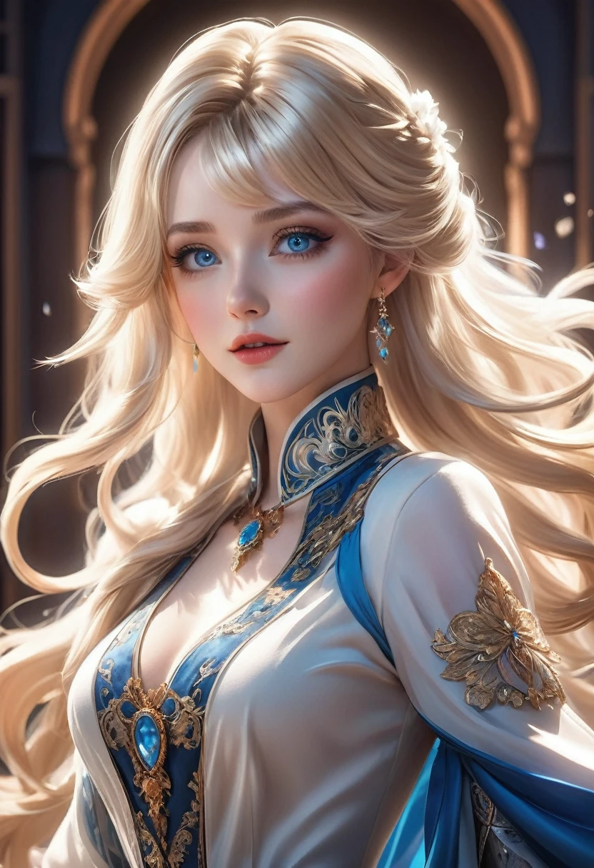 Anime style. A female character dressed in Western aristocratic attire, with flowing light blonde hair and blue eyes, exuding a refined charm. Featuring cinematic lighting and ethereal highlights, with rich, intricate details and vibrant colors, achieving the highest quality visual effect from an aerial perspective. Fair skin, with delicate and captivating facial features, a hint of the chest exposed, adding a touch of sensuality that accentuates her beautiful figure, facing forward. The image is rich in detail and exceptional in quality, with stunning light and shadow effects, beautifully crafted decorations, and elegant lines, creating an overall captivating scene.