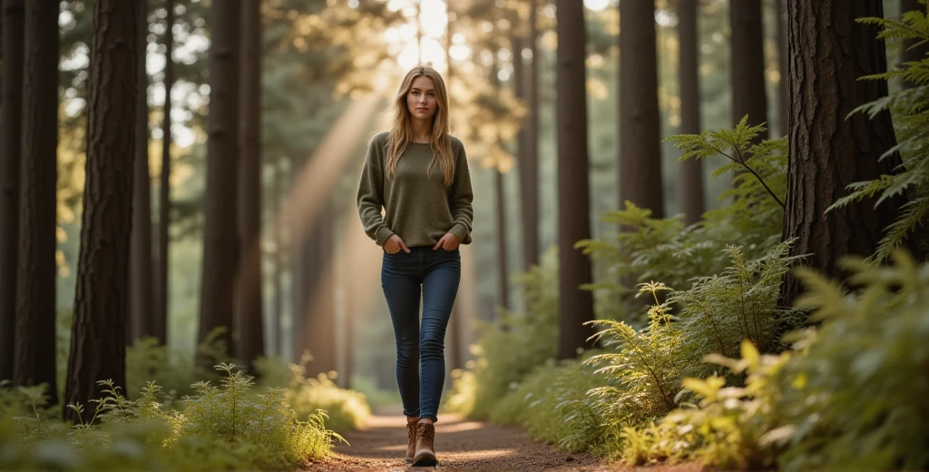 A peaceful, nature-filled scene where Gaia walks alone along a narrow, winding forest path surrounded by tall, ancient trees. The dense canopy above filters the sunlight into soft, dappled beams that dance across the forest floor, creating a serene and magical atmosphere. Gaia's long brown hair with blonde highlights flows loosely down her back, gently moving with each step she takes. She’s dressed in a simple, cozy outfit—an olive-green sweater, fitted jeans, and sturdy boots—perfect for her solitary walk in the woods.

Her hazel eyes reflect a sense of calm and introspection as she takes in the beauty around her, a soft, contented smile playing on her lips. Gaia walks at a leisurely pace, one hand brushing against the ferns and wildflowers that line the path, the other lightly resting in her pocket. The air is fresh, filled with the earthy scent of pine and damp leaves, while the sound of birds chirping and leaves rustling underfoot enhances the tranquil ambiance.

The forest is alive with shades of green and brown, with patches of moss covering the tree trunks and rocks. Sunlight occasionally breaks through the dense foliage, casting a warm, golden glow that adds to the feeling of quiet solitude. The scene captures Gaia’s connection with nature, offering her a moment of peaceful escape and self-reflection in the midst of a serene woodland setting. ((anti)) Nexia