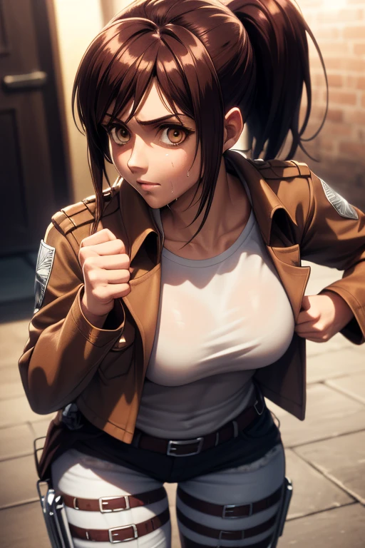 masterpiece,best quality,high resolution,8k,ultra HD,wallpaper,illustration,perfect face,cowboy shot,beautiful detailed eyes,extremely detailed face,perfect lighting,extremely detailed CG,perfect anatomy,perfect body,perfect thick,perfect hands,perfect fingers,1woman,full body,,muscle fighter body,(brown long ponytail hair),brown eyes,large breasts,Medium ass,,(brown jacket inner white Y-shirt),black hot pants,clothed,collarbone,looking at viewer,(),steam,sweat,(Attack on Titan character Sasha Braus),