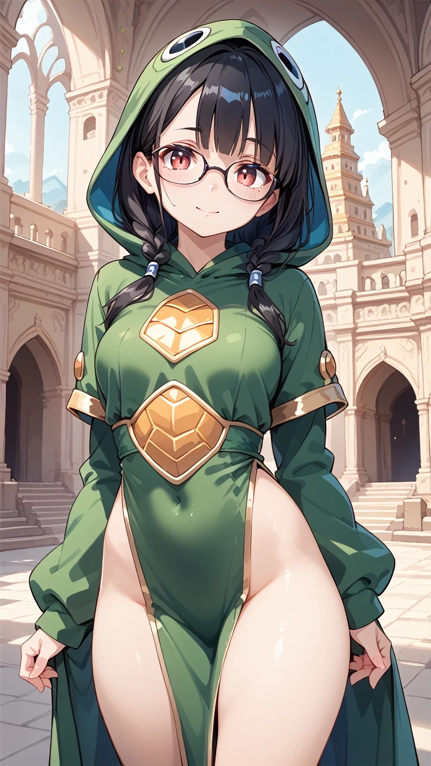  1 girl,Black Hair, Glasses,Turtle costume,Dragon Palace,