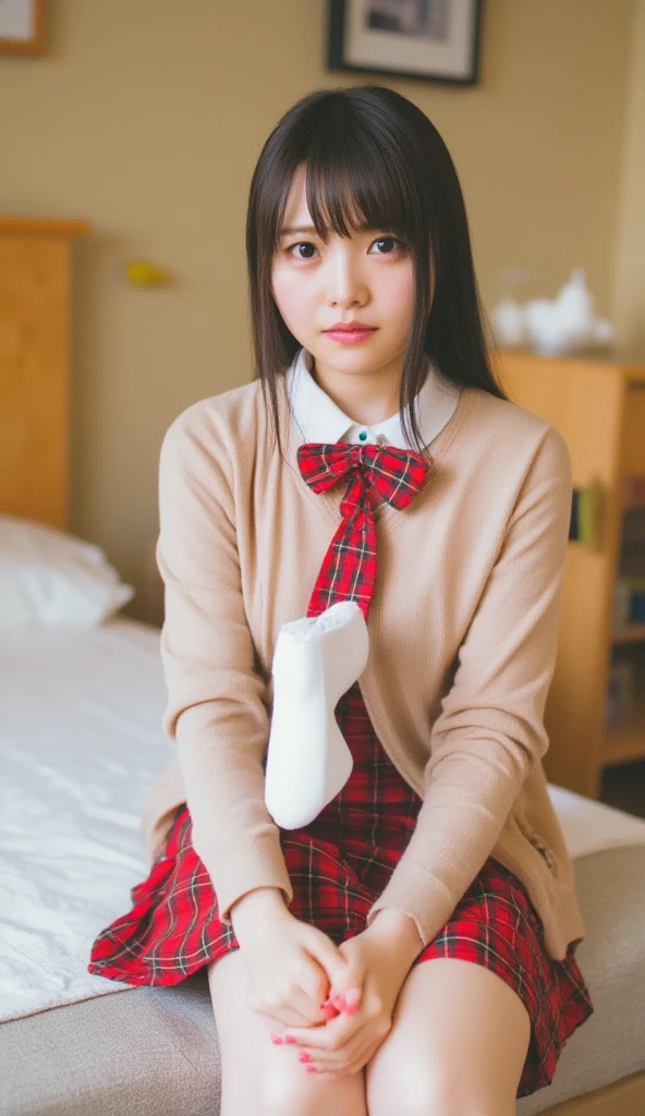 (((8k、 Hi-Res、Best Quality、 Hi-Res)))Alone、Natural body shape、 white skin、  natural makeup、 black hair、bangs、Straight hair 、、((High School Uniform)) 、(( beige cardigan 、long sleeve blouse with white collar ))、(( red plaid pleated skirt))、(Red school ribbon),((The upper body is wearing a uniform))、((((( looks at the camera)))))、(((Head to shin portrait)))、((( exposes the thighs)))、bedroom、 bed、 sitting with legs open 、((Focus on crotch))、 holding white socks 

