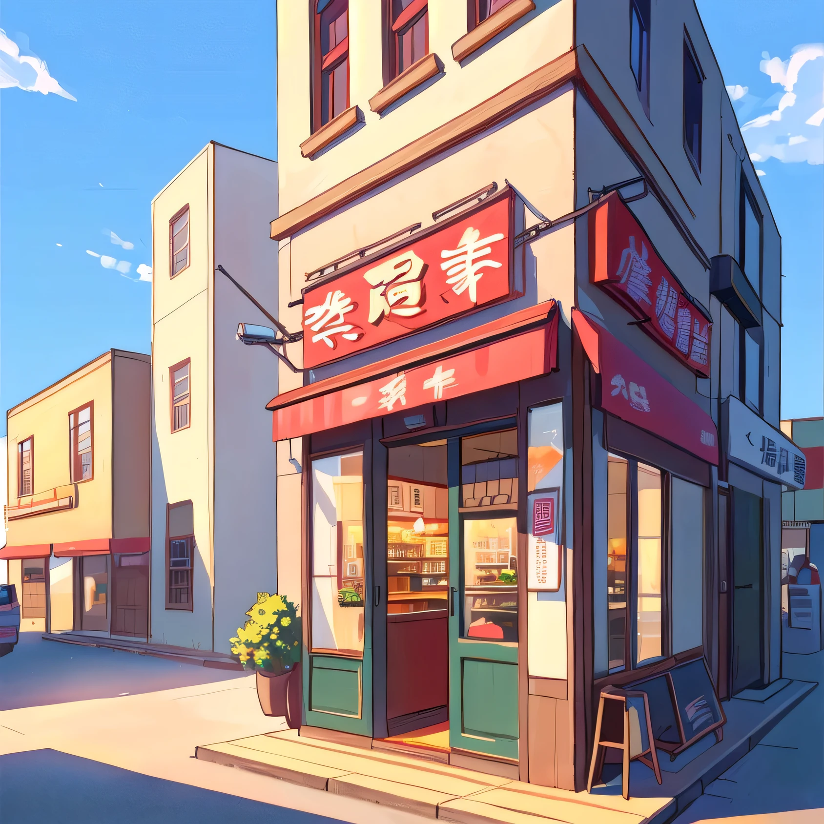 cartoon of a small chinese restaurant with a red arrow pointing to the front, background art, anime background art, random background scene, painted in anime painter studio, high detailed store, town background, restaurant!, realistic anime 3 d style, low detailed. digital painting, gta chinatowon art style, anime scenery concept art, inspired by Zou Yigui