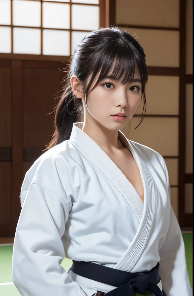 (skin spots: 1.2), (skin dentation), Black eyes, 1 female, 25 years old, ((((Female))), Solo, Real, Best Quality, Photorealistic, Masterpiece, 8K, High resolution, Solo, Very detailed face, (Professional lighting, Bokeh), (Light particles, Lens flare, Luminous particles: 0.6), (Dynamic Pause: 1.7), Soft lighting, Top angle view, fashionable and trendy atmosphere, judo hall, tatami mats, ((viewers: 1)), (look at the camera), (portrait: 0.6), gorgeous, standing, keep the original facial proportions, wide shoulders, full body, (round breasts), (spilling breasts)), (short hair), brown hair, floating hair, lips, lipstick, seductive smile, floating hair, braided hair, smile, open_mouth, teeth, (Judo athlete), (white judogi), white obi, eyelashes, mole, sweat, (fluffy chest), judo club, long sleeves, long pants