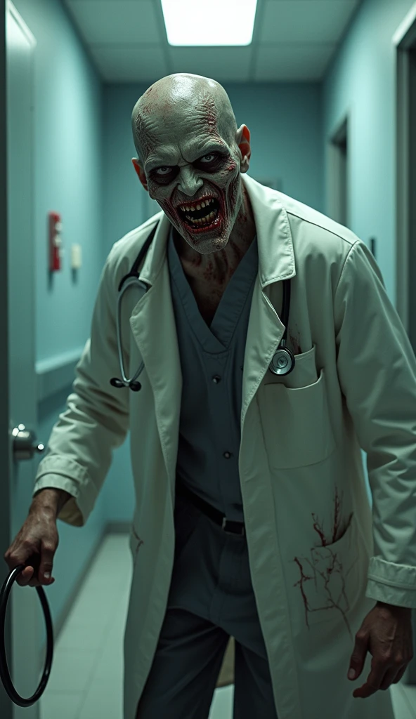Male zombie-like face, emaciated zombie body, burns and exposed bones. Realistic sideways full body shot, scarred skin. Doctor zombie. Man in white coat. He wears glasses and has a seven-triplet haircut. The background is a hospital. It is reminiscent of the setting of Japanese horror films such as "Sadako. The eerie atmosphere is arranged in a dark and humorous way, creating a comical and eerie scene. The overall style is very realistic and seems to have been culled from a live-action horror film.
Translated with DeepL.com (free version)