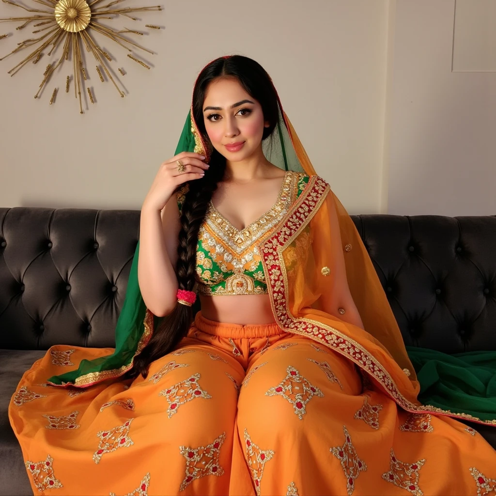 **Tags**  
(stunning South Asian woman, @ms.sethii, Indian, realistic, internet personality, elegant pose, traditional ghagra choli outfit, vibrant orange and green, intricate design details, red white green accents, plush dark grey sofa, elegance and confidence, curvy hips, flowing ghagra skirt, snug choli, green dupatta, fine embroidery, modest charm, long dark braid, decorative tassel, warm soft skin glow, indoor lighting, confident alluring gaze, inviting expression, rich traditional atmosphere, warm ambiance)

**Description**  
A captivating scene features a stunning South Asian woman, @ms.sethii, seated gracefully on a plush dark grey sofa, adorned in a traditional ghagra choli that radiates elegance and poise. Her outfit is a vibrant combination of orange and green, detailed with intricate designs accented by touches of red, white, and green, enhancing its richness and cultural beauty. The flowing ghagra skirt flares out around her, creating volume and highlighting her curvy hips, while the snug choli perfectly complements her shapely upper body.

A green dupatta with fine embroidery rests delicately over her head, adding a layer of modest charm that enhances her poised, graceful posture. Her long dark braid falls down her back, adorned with a decorative tassel that harmonizes with the earthy tones of her attire, completing her traditional look.

The indoor lighting casts a warm, soft glow over her skin, bringing out the softness in her features. Her expression is inviting yet serene as she gazes confidently forward, adding a touch of warmth and allure to her demeanor. The plush sofa and the rich ambiance create an atmosphere of timeless elegance, making her the striking focal point of this scene. The blend of her confident gaze, inviting smile, and graceful pose evokes a deeply traditional and dignified allure, beautifully capturing her beauty and confidence.