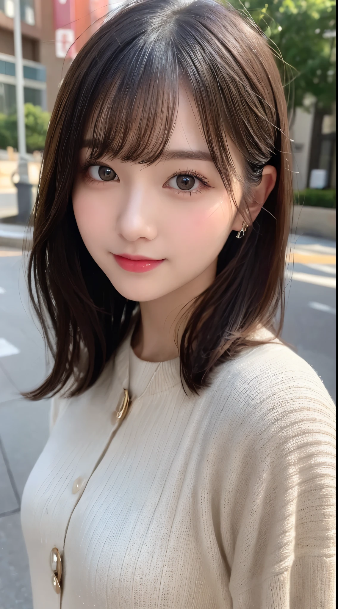 table top, highest quality, shape, Super detailed, finely, High resolution, 8k wallpaper, 完璧なダイナミックな構shape, beautiful and detailed eyes, small breasts, natural color lip, random sexy pose,smile,big city、20 year old girl、midnight、beautiful and detailed face、perfect and beautiful face,Big eyes、real photos(best image quality),long dress dress(Long sleeve/blouse)、cardigan、