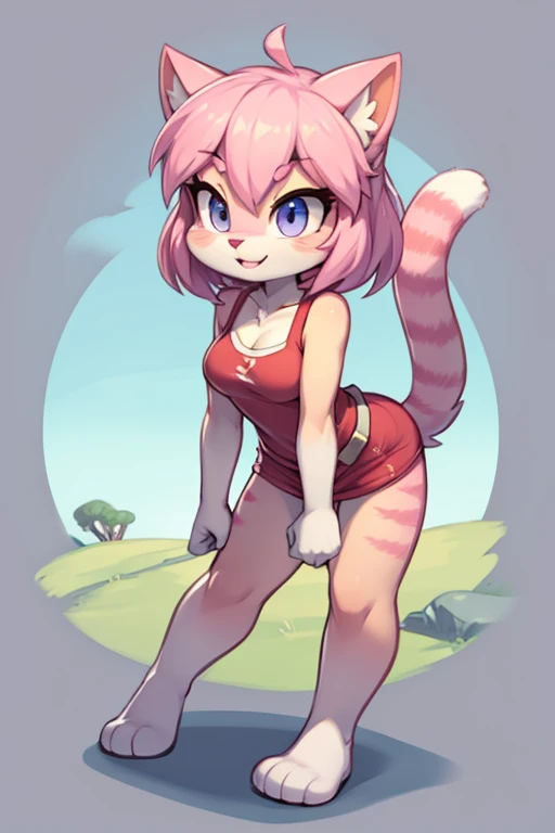 ((masterpiece, best quality)), (anthro furry:1.3, snout:1.2, anthro:1.3, furry:1.2, fullbody:1.2, solo female:1.2, cleavage, smile, ), nano bikini, anthropomorphic cat, cat,big breasts,pink fur