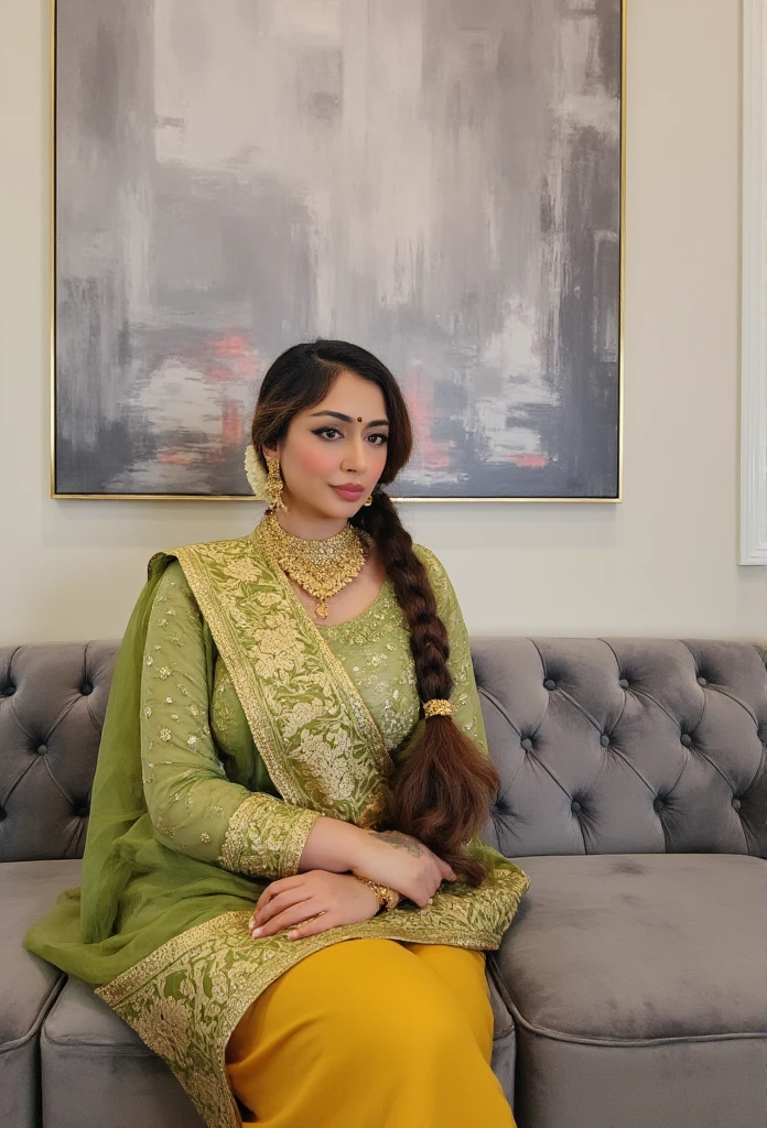 The image is a photograph featuring a young woman of Indian descent, likely in her early twenties, with a fair complexion and a light olive undertone. She is positioned sitting on a plush, grey velvet sofa with intricate, button-tufted detailing. Her attire is traditional Indian, showcasing an ornate, mustard yellow and green sari with a richly patterned border featuring small, intricate designs including what appear to be peacocks and flowers. The sari's blouse and petticoat are both in matching colors and patterns, creating a cohesive, vibrant ensemble.

Her hair is styled in a single, thick braid that cascades down her back, adorned with a golden tassel at the end. She is wearing a matching green and yellow dupatta (scarf) draped over her head and shoulders, intricately patterned with white stitching and gold embroidery.

The background features a large, abstract painting with a marbled design in shades of grey, white, and hints of pink, mounted on a wall with a cream base. The overall setting suggests a modern, stylish living room. The woman's posture is slightly turned towards the camera, with a subtle, confident smile on her face, her expression indicating she might be looking back at the camera over her shoulder.