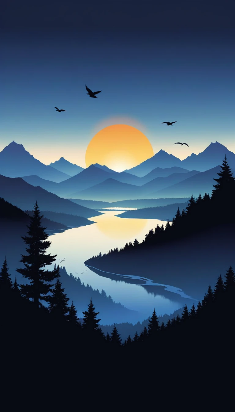 a captivating T-shirt illustration featuring a serene sunrise over a mountain range. The scene should be depicted in a minimalist style, using only a single color contrast to create a striking visual effect. Imagine the sun peeking over the horizon, casting its light over the peaks and valleys of the mountains. The use of negative space should highlight the contrast between the illuminated areas and the shadows, creating a sense of depth and tranquility.

Incorporate elements such as a few birds flying across the sky and perhaps a lone tree on a distant peak to add interest without complicating the design. The overall aesthetic should evoke a sense of calm and natural beauty, perfect for a simple yet powerful T-shirt graphic. Ensure the design is versatile and can be easily printed on various T-shirt colors, emphasizing the elegance of the single-color contrast