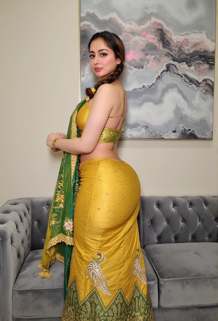 The image is a photograph featuring a young woman of Indian descent, likely in her early twenties, with a 
@ms.sethii, indian, realistic, internet personality, lips , fair complexion and a light olive undertone. She is positioned sitting on a plush, grey velvet sofa with intricate, button-tufted detailing. Her attire is traditional Indian, showcasing an ornate, mustard yellow and green sari with a richly patterned border featuring small, intricate designs including what appear to be peacocks and flowers. The sari's blouse and petticoat are both in matching colors and patterns, creating a cohesive, vibrant ensemble.

Her hair is styled in a single, thick braid that cascades down her back, adorned with a golden tassel at the end. She is wearing a matching green and yellow dupatta (scarf) draped over her head and shoulders, intricately patterned with white stitching and gold embroidery.

The background features a large, abstract painting with a marbled design in shades of grey, white, and hints of pink, mounted on a wall with a cream base. The overall setting suggests a modern, stylish living room. The woman's posture is slightly turned towards the camera, with a subtle, confident smile on her face, her expression indicating she might be looking back at the camera over her shoulder.