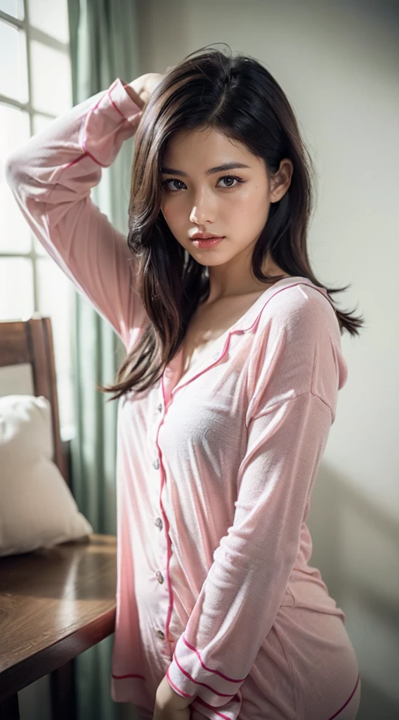 ((((top-quality))))、(((Ultra Precision CG16K Wallpapers)))、(((​masterpiece)))、(((ultra-detailliert)))、(((Ultra-extreme details)))、１Man Woman、Underage women、An 18-year-old woman、((Korean Face))、((extremely beautiful face))、((K-pop idol、HAERIN:1.5))、((Soft wave semi-long hair:1.3))、(shinny hair)、Bangs up to the eyebrows、Beautiful brown hair、Beautiful delicate eyes、Brown eyes、raised eyebrows、lofty nose、small nostrils、Small mouth、seductive lips、slightly open mouth、Beautiful breasts、C-cup size breasts、cleavage of the breast、Plump body、perfectly proportions、perfect anatomia、perfect-composition、beautiful detailed shading、Beautiful natural lighting、Beautiful detail glow、depth of fields、(((a high chroma)))、(((realisitic:1.9)))、((Vivid:1.4))、((Beautiful skin))、((Skin texture))、((realisiticな皮膚感))、(((Head-to-thigh shot:1.5)))、((Frontal angle:1.5))、((Surprised face with open mouth:1.3))、(Eyes looking at me)、Bright sunshine、(((sit on a shaggy rug carpet:1.3)))、(Sedentary Pose)、(((Pink pajama jacket:1.5)))、
