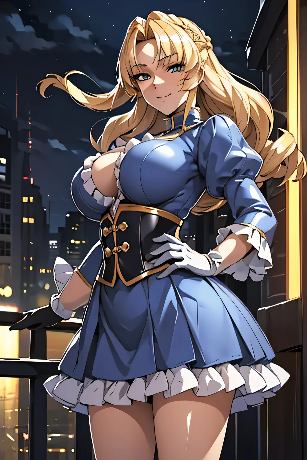 Top quality, detailed face, top quality, detailed eyes, detailed illustration, one woman, MILF, 19 years old, fighting noblewoman, blonde drilled hair, provocative smile, heavy blue and yellow aristocratic-style battle suit, ruffled sleeves, mini skirt, high heels, gloves, big breasts, hand on waist, standing, night Neon street