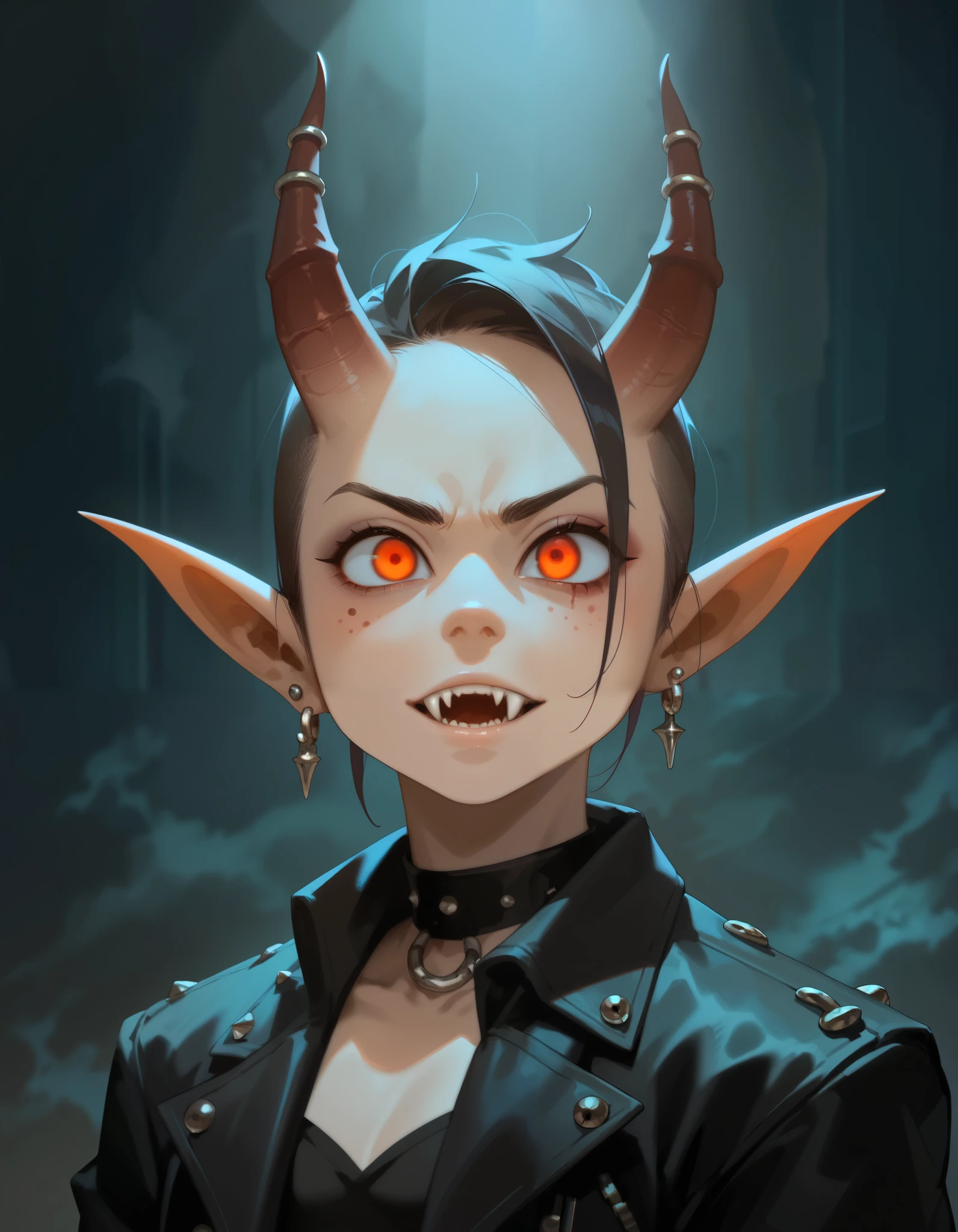 a demonic boy with horns, detailed face, piercing eyes, sharp fangs, black leather jacket, dark gothic outfit, dramatic lighting, moody atmosphere, rich colors, cinematic composition, digital art, concept art style