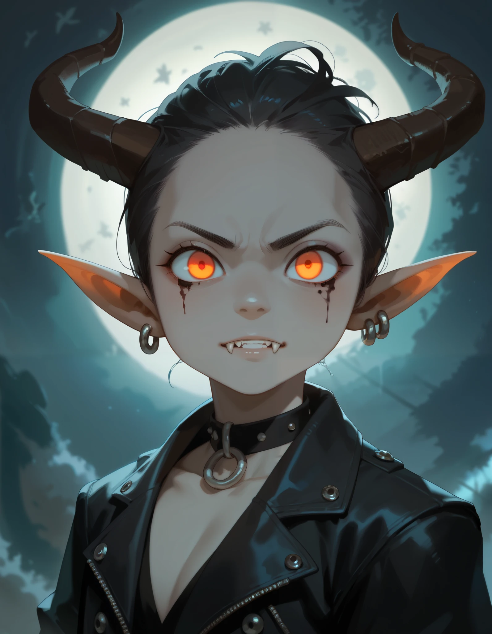 a demonic boy with horns, detailed face, piercing eyes, sharp fangs, black leather jacket, dark gothic outfit, dramatic lighting, moody atmosphere, rich colors, cinematic composition, digital art, concept art style