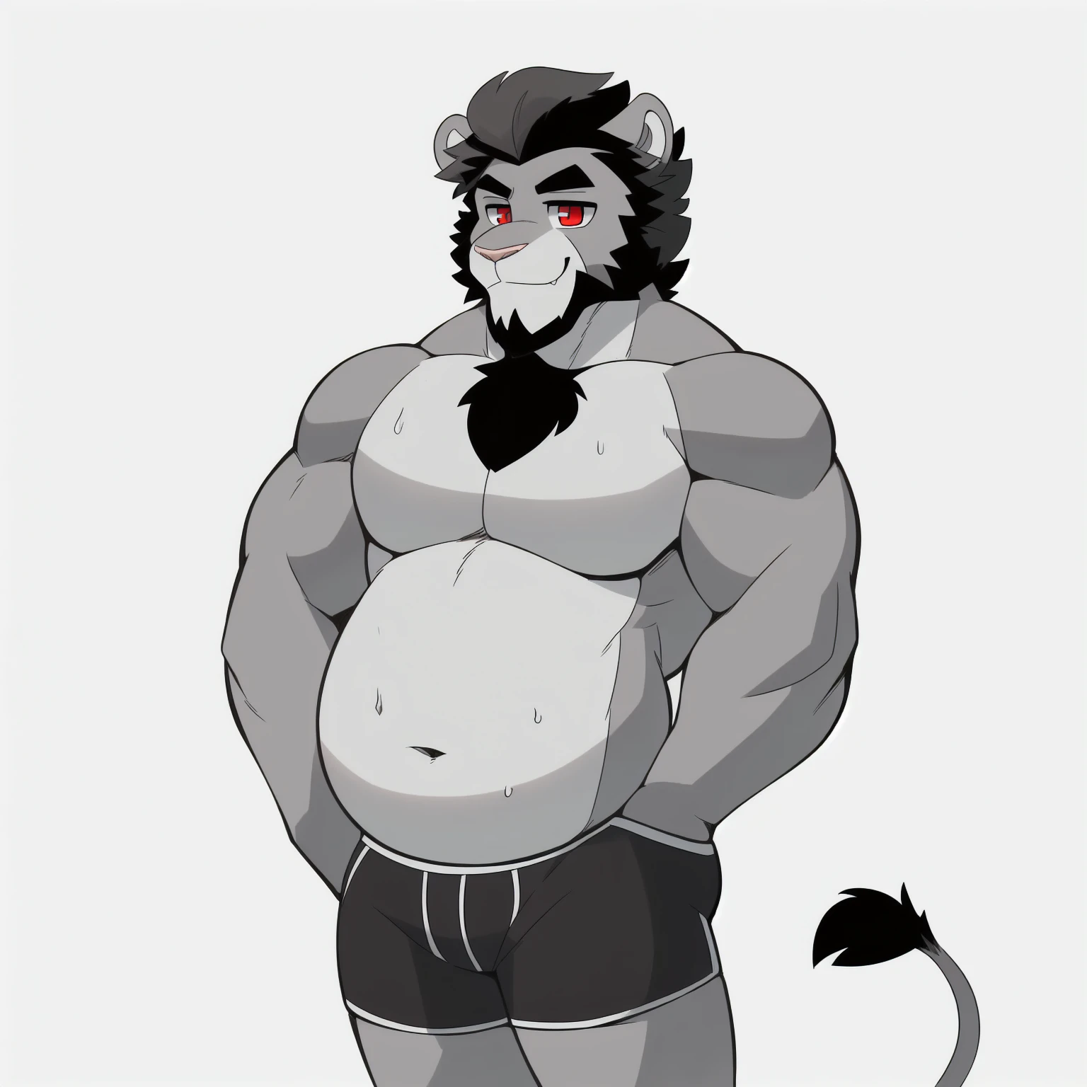 (Masterpiece: 1.2, highest quality, SFW), (intricate details), male, 1 guy, Solo, Upper body, Casual, (short hair), lion, (hair, snout), small round lion ears, light pink nose, crooked mouth, smiling, detailed face, (large cartoon eyes, perfectly circular eyes), red pupils, detailed fluffy fur, (((short straight swept-back hair, short jagged pointy hair, short slicked back hair, extremely short beard, curly beard, puffy frizzy goatee, widows peak))), ((((short hair, long scruffy sidelocks)))), relaxed body, digital art, natural lighting, sweaty, (((soft muscular arms, soft perfectly-round chubby torso, soft half-full belly, soft body, tall pecs, very tall pectoral region, very short abdominal region,breastbone, perfectly round chest, wide body, smooth bare chest, small gap between pecs, big round delts, smooth circular deltoids))), white stomach, light-gray beard, ((short medium-grey hair, short medium gray hair, thick jagged eyebrows, light grey body, gray body)), pale underbelly, white counter-shaded torso and mouth, throbbing, (((white background))), (dark grey faded ashen boxerbriefs, monochrome grey trunks), pastel light blue towel on his shoulder, lion tail, (navel toward the bottom, vertically stretched bellybutton), thin legs, narrow calves