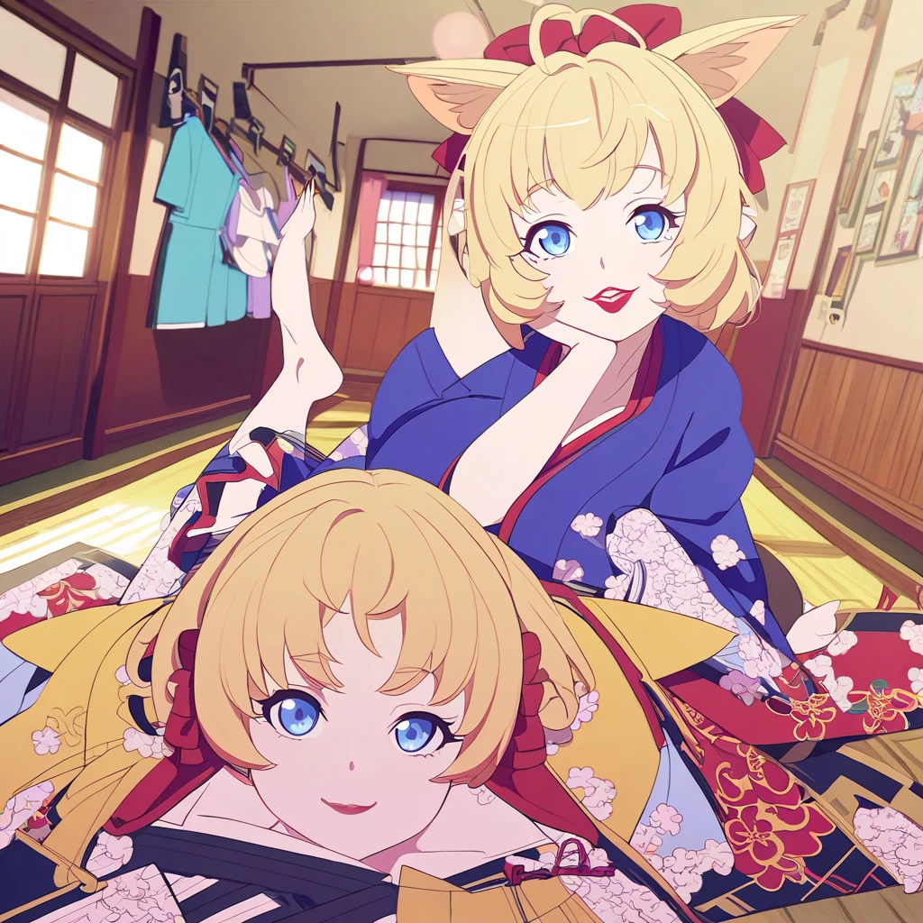 Anime elf girl beautiful, jack o challenge, elf ears, smile, red lips, blonde hair, blue eyes, kimono, on floor, bedroom, full body,