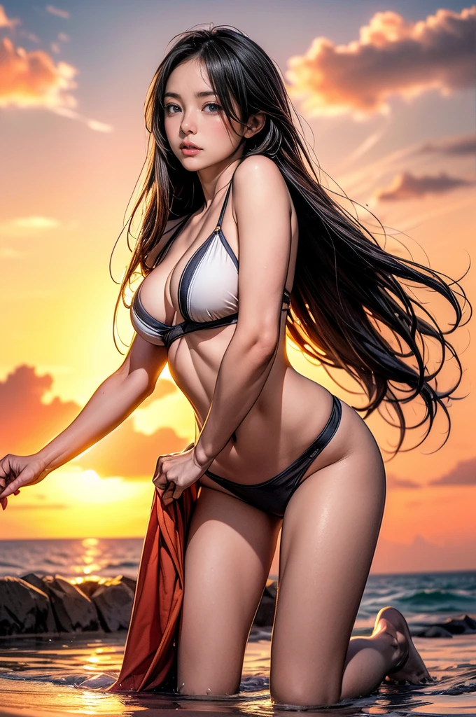 realisitic,The night sky shines with the Milky Way、You can see the sea below、Beautiful scenery,Sexy girl in underwear watching from a distant hill