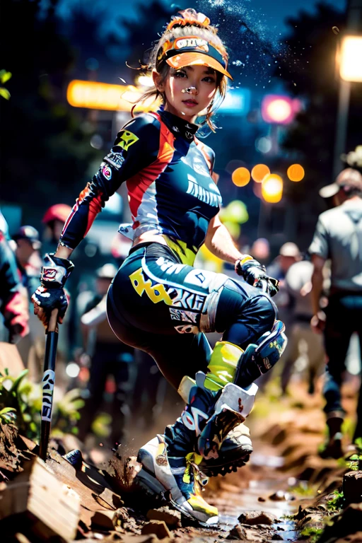 Yamaha WR250, motocross race, cute female racer, brown skin, wearing motocross boots, full of mud, abs, jumping over a hill, night riding, (best quality,4k,8k,highres,masterpiece:1.2),ultra-detailed,(realistic,photorealistic,photo-realistic:1.37),ultra-wide angle,studio lighting,extreme detail description,vivid colors,bokeh