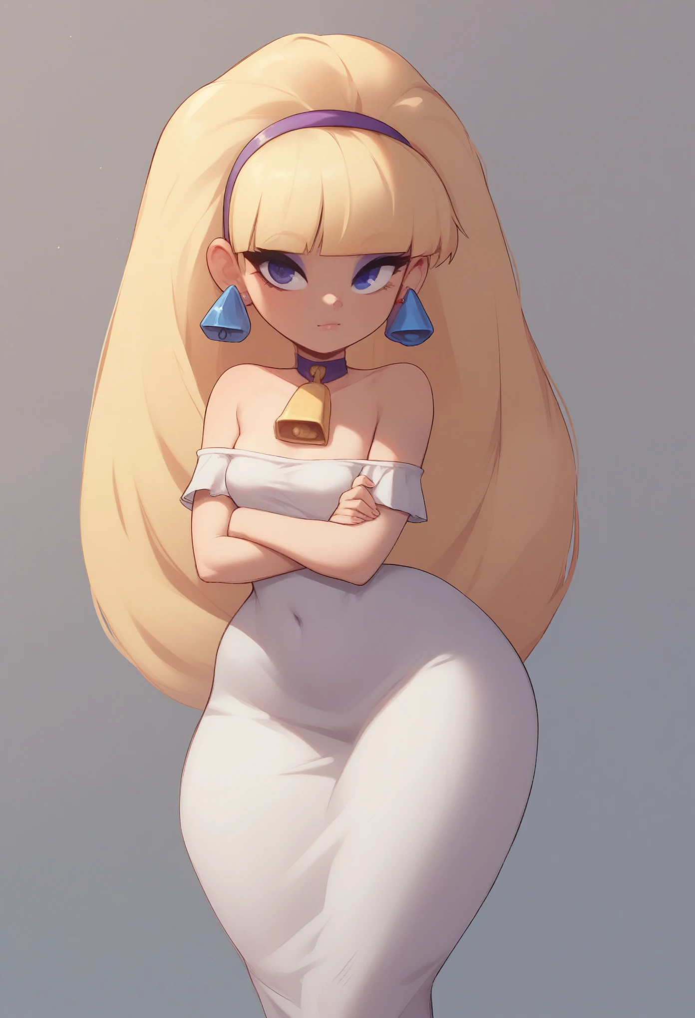 Pacifica Northwest. Small saggy breasts. huge hips. thin body, long blond hair with bell-shaped bangs and dark blue eyes. She also has thick purple eye shadow and lavender ring earrings. cow dress. farming