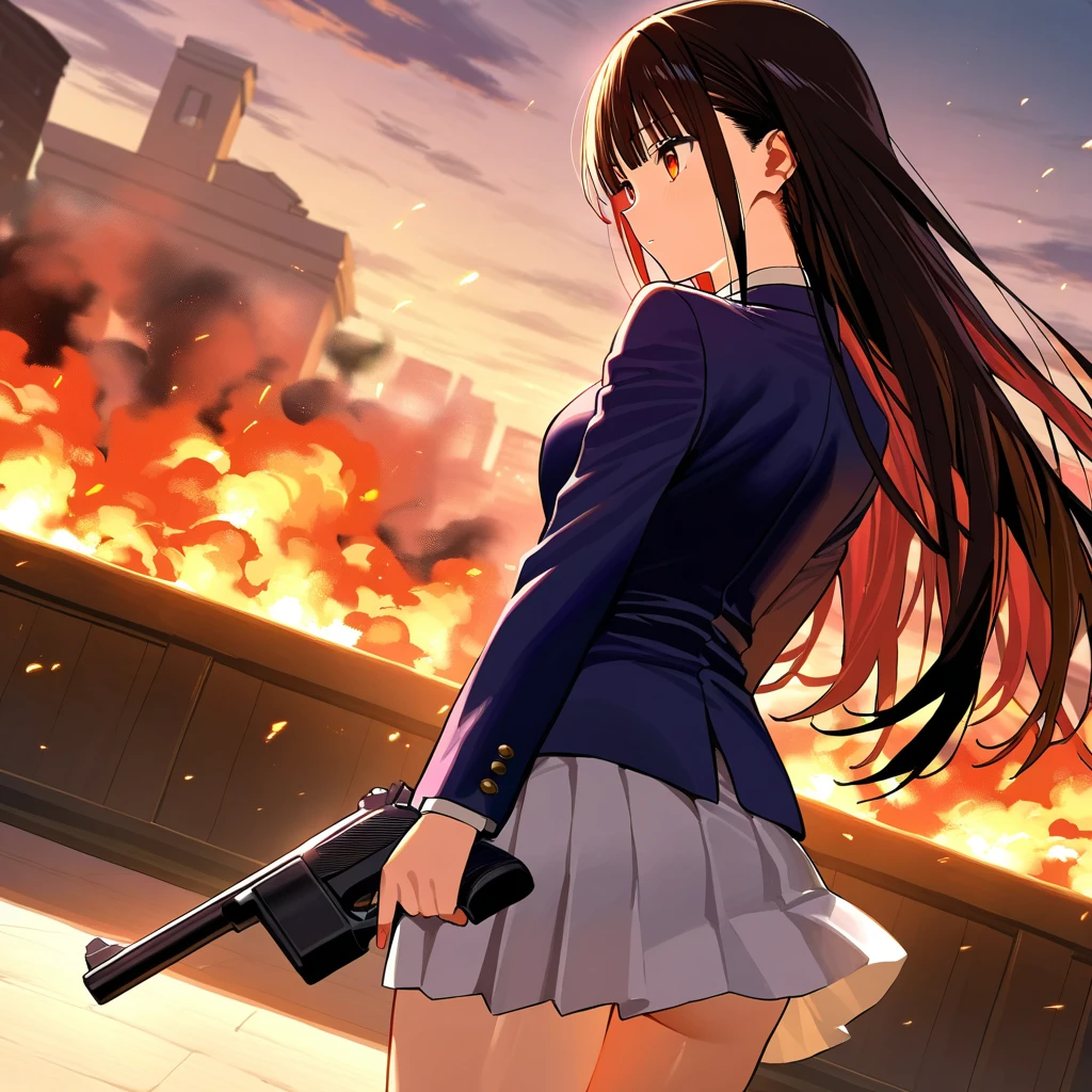 Anime, 1 girl, blazer, tight miniskirt , masterpiece, from back, holding and shooting gun, gun fire