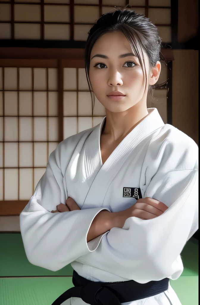 (8K、Raw photo、image quality、、、、、、table top:1.2)、(realistic、Photoreal:1.37)、Japanese female judoka、Black belt white long sleeve judo gi、Cowboy composition、Glare at the fronton、standing on a tatami mat inside a Heian-era Japanese palace.solemnity、intimidating appearance、dignified atmosphere、muscular upper body、A threatening posture with muscular arms crossed、bob hair、thick chest plate