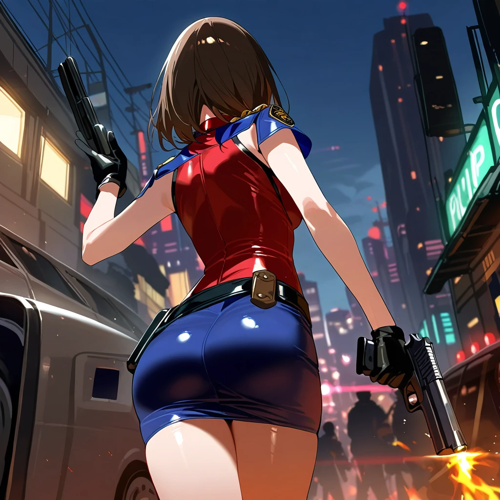 Anime, 1 girl, police, tight miniskirt , masterpiece, from back, holding and shooting gun, gun fire