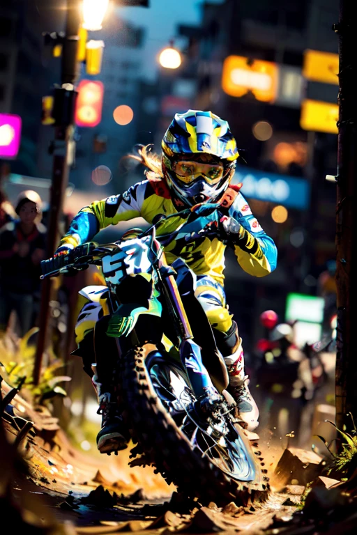 Yamaha WR250, motocross race, cute female racer, brown skin, wearing motocross boots, full of mud, abs, jumping over a hill, night riding, (best quality,4k,8k,highres,masterpiece:1.2),ultra-detailed,(realistic,photorealistic,photo-realistic:1.37),ultra-wide angle,studio lighting,extreme detail description,vivid colors,bokeh