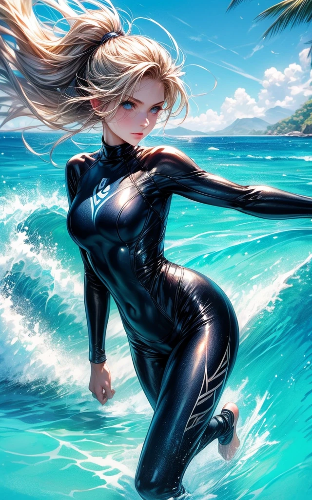 beach, lux, luxanna crownguard, league of legends, cowboy shot, looking at viewer, 1girl, solo, blonde hair, blue eyes, blue pants, blue bodysuit, bodysuit, impossible bodysuit, brown hairband, hairband, long hair, long sleeves, sapphire, standing <lora:lux-000016:1>