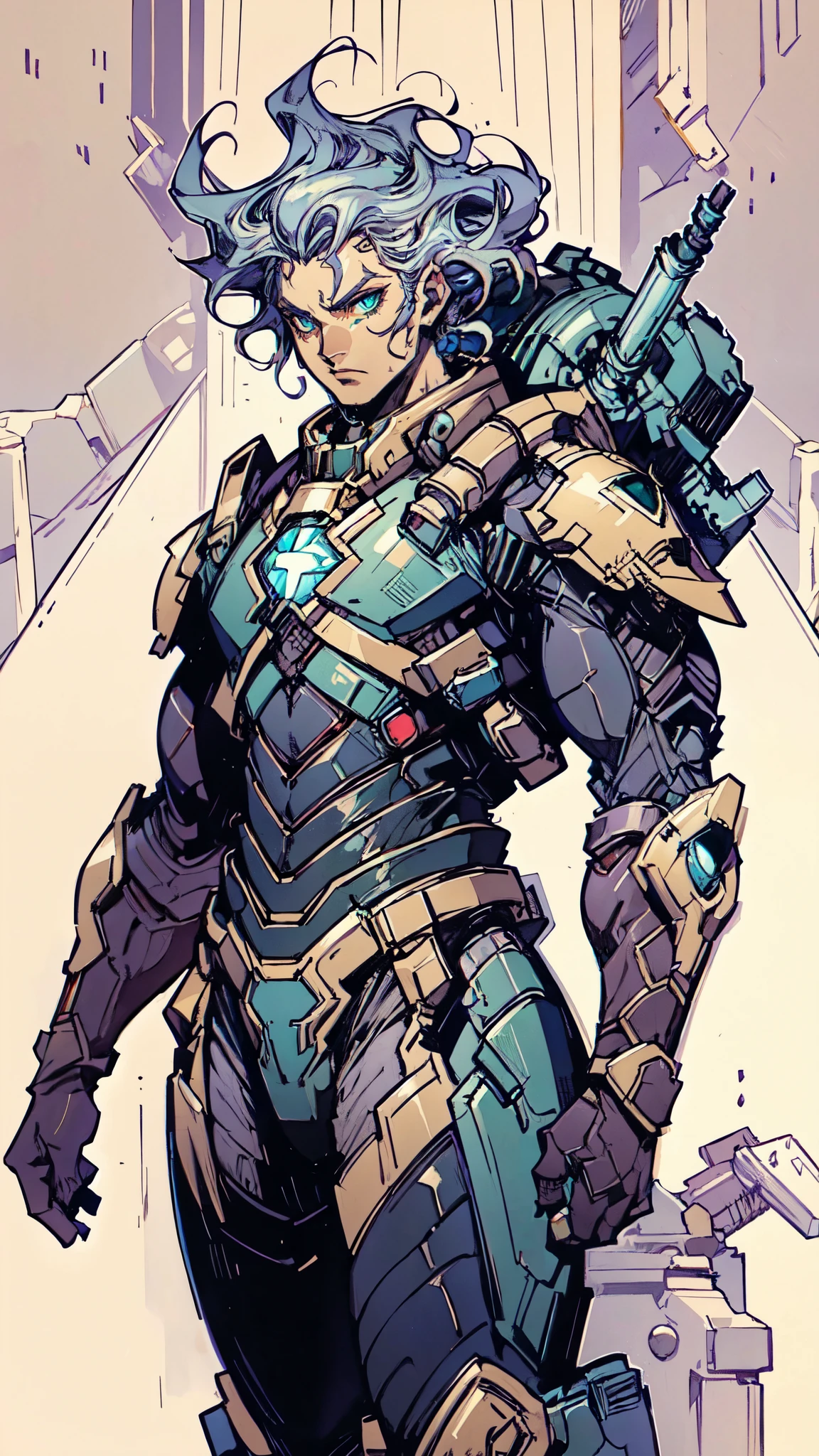 (masterpiece:1.5, best quality:1.5, extremely delicate:1.5), ((male:1.5)), a man wearing a full-face helmet, green eyes, fantasy-style high-tech biomimetic armored combat suit, (a composite layered chest armor), the design balances heavy with agility, fully enclosed shoulder guards, matching arm and leg guards, a belt of gemstone, equipped with a high-tech electromagnetic gun backpack, (the color scheme is primarily Indigo with Silver accents, Organic Biotech, Concept Inspired by Iron Man, glowing eyes, armor glows, stand of a futuristic sci-fi city), this character embodies a finely crafted fantasy-style armored hero in anime style, exquisite and mature art style, metallic, high definition, highres, ultra-detailed, ultra-fine painting, professional, perfect body proportions, golden ratio, anatomically correct, symmetrical face, extremely detailed eyes and face, high quality eyes, creativity, RAW photo, UHD, 32k, Natural light, cinematic lighting, masterpiece-anatomy-perfect