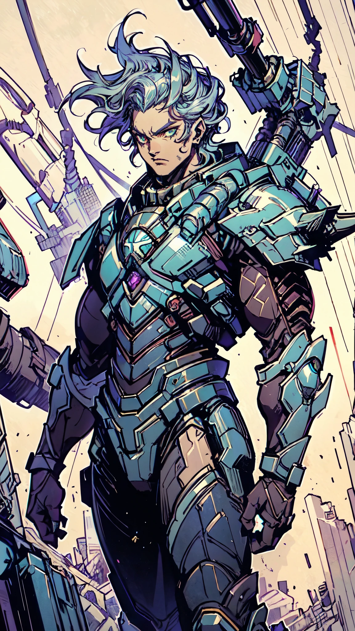 (masterpiece:1.5, best quality:1.5, extremely delicate:1.5), ((male:1.5)), a man wearing a full-face helmet, green eyes, fantasy-style high-tech biomimetic armored combat suit, (a composite layered chest armor), the design balances heavy with agility, fully enclosed shoulder guards, matching arm and leg guards, a belt of gemstone, equipped with a high-tech electromagnetic gun backpack, (the color scheme is primarily Indigo with Silver accents, Organic Biotech, Concept Inspired by Iron Man, glowing eyes, armor glows, stand of a futuristic sci-fi city), this character embodies a finely crafted fantasy-style armored hero in anime style, exquisite and mature art style, metallic, high definition, highres, ultra-detailed, ultra-fine painting, professional, perfect body proportions, golden ratio, anatomically correct, symmetrical face, extremely detailed eyes and face, high quality eyes, creativity, RAW photo, UHD, 32k, Natural light, cinematic lighting, masterpiece-anatomy-perfect