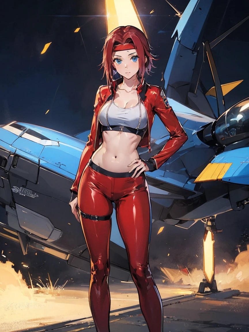  Karen Kouzki、masterpiece,Best Quality、 super high image quality 、Exquisite depiction、Detailed texture expression、 best quality, masterpiece,  Hi-Res, 、, belly button,  clevis,  is standing, clavicle, (Open red pilot suit clothes), full body, ,  abdomen, Blue Eyes, ,  Sports Bra , , , (Great hands), woman  is standing in tokyo at midnight,Pull down the pilot suit zipper
