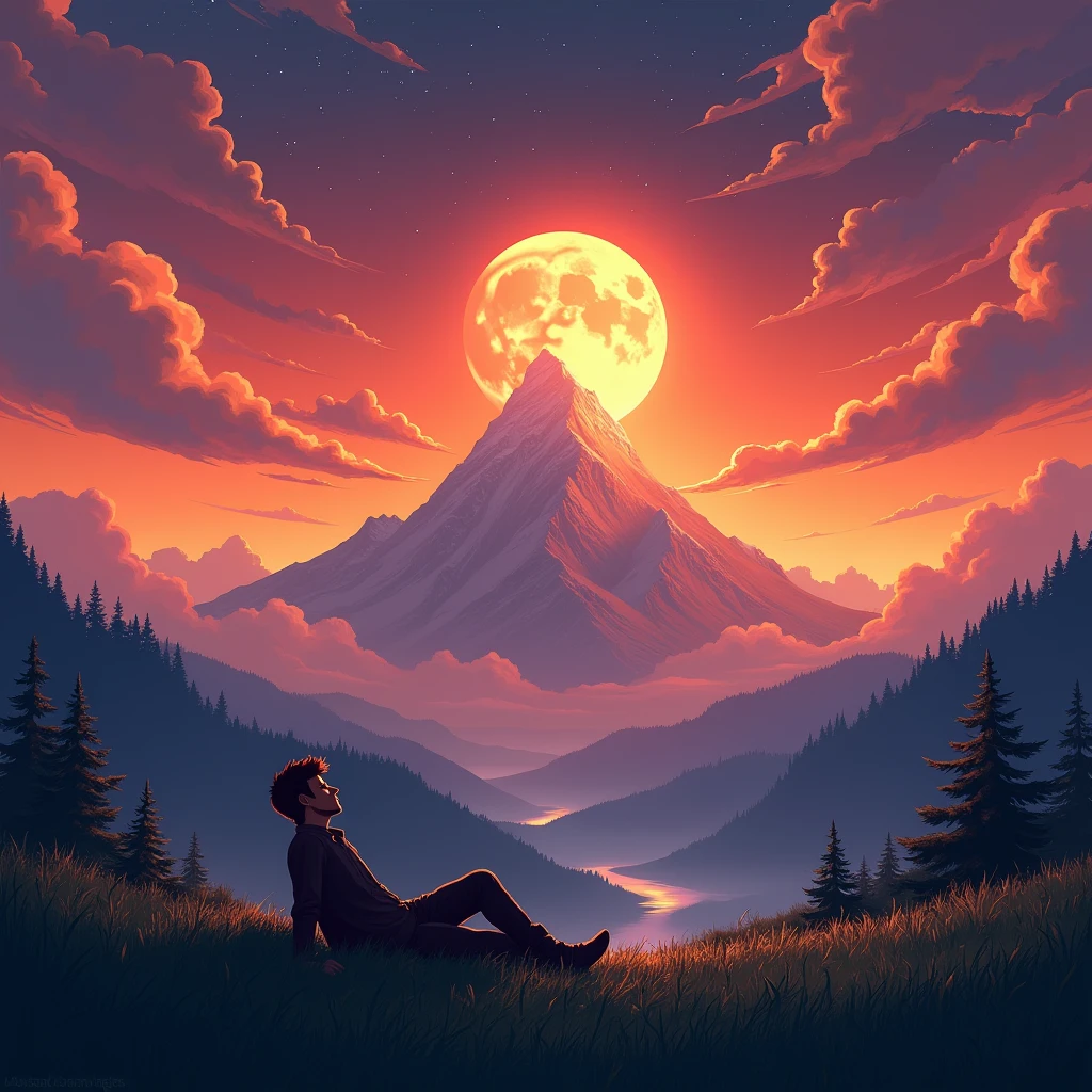 A HORIZON WITH A MOUNTAIN , WITH A BEAUTIFUL MOON , mar, ORANGE AND RED ANIME STYLE SKY. With a man lying on the grass