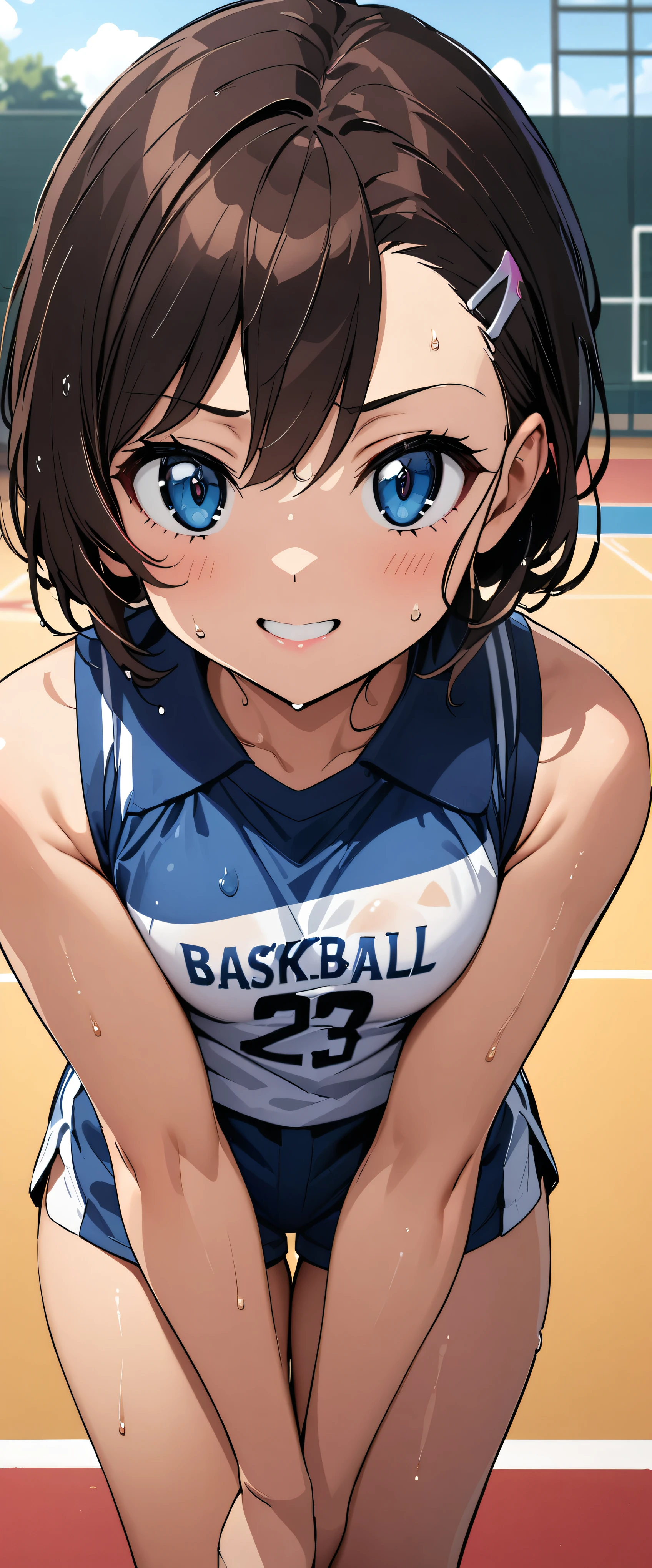 (masterpiece,highest quality,超A high resolution),japanese woman, (((Very beautiful 2 girl))), pretty girl、look at the photographer､  (()), super cute face, glossy lips, double eyelids in both eyes,natural smile、 natural makeup, long eyelashes, Shiny and smooth hair､center image,  perfect limbs, perfect anatomy,(((basketball sleeveless uniform)))、,(wet with sweat),ダイナミックなポーズ,basketball court,See-through,ポニーテール