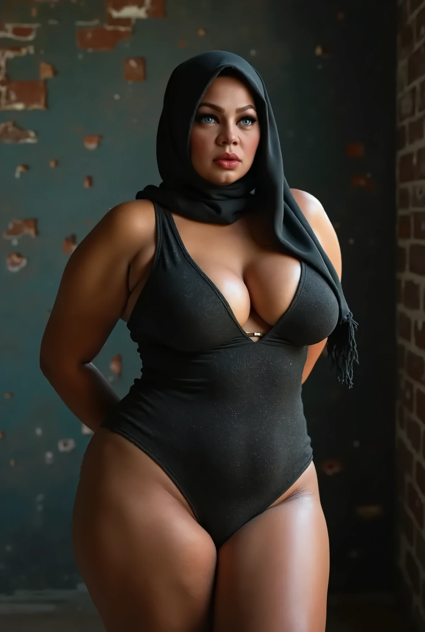 RAW, hyperrealistic, hyper-detailed, masterpiece, Ultra-realistic, ultra-detailed, (Best quality, high resolution, work: 1.3), Beautiful Malay woman in hijab, plump body, Big breasts, Beautiful big eyes, moaning deliciousness, beautiful face, super puffy face, slightly open mouth, thick thighs, beautiful big eyes , ultra exhausted face, sweating, beautiful girl, detailed face, thick woman kneeling on stairs, at super dark hall, dark hall background, seducting pose, wearing tight tank top, highest quality, 8k