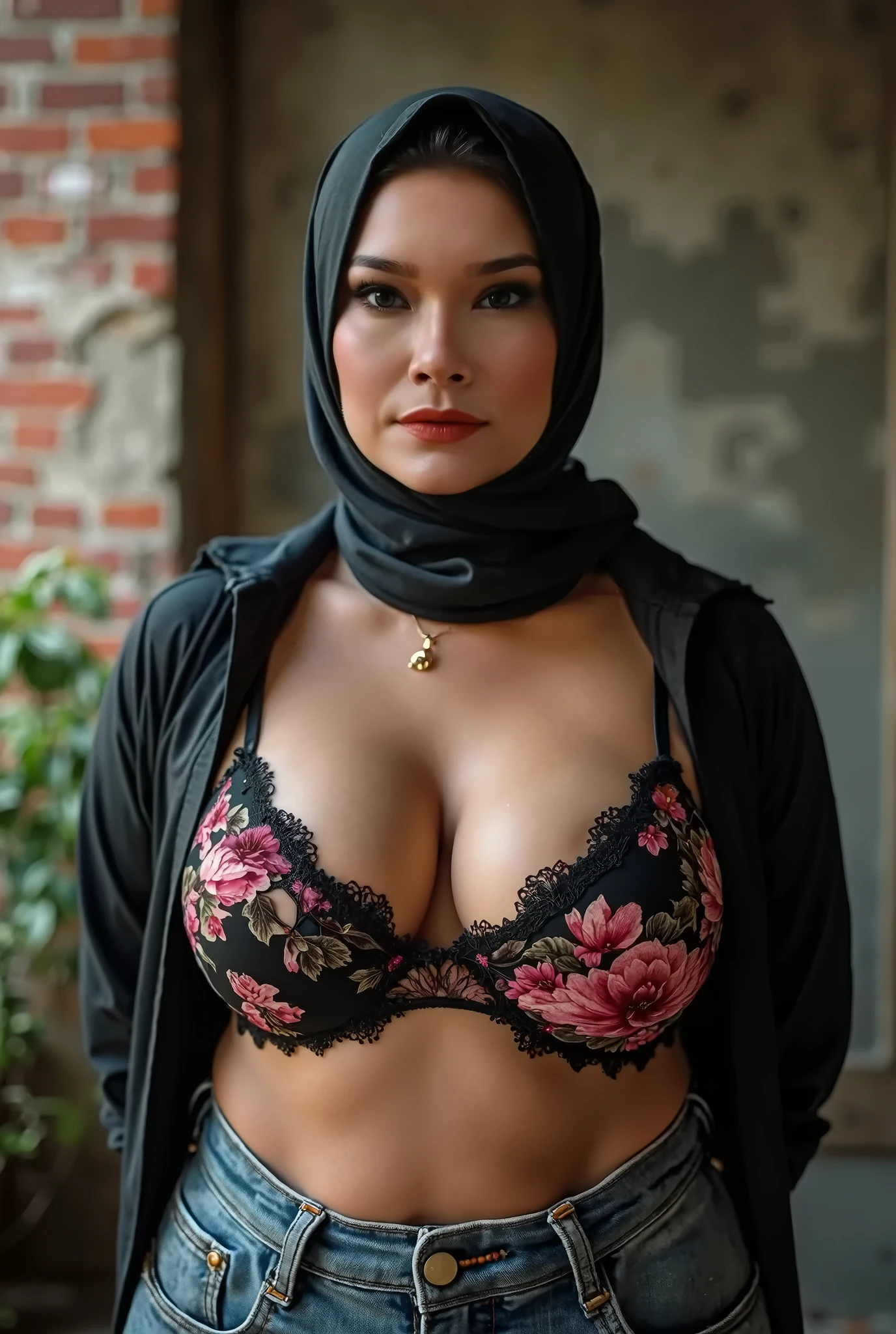 ((Realistic)) ((masterpiece)) 62 Years old, (beautiful Brunei woman face) (hijab) ,(high class fat lady) (curvy sexy body shape) (gorgeus eyes),see-through T-shirt, ((A MILF:1.4)), ((WEARING LINGERIE BRA)), "Plumpers", ("Red Hijab Floral pattern Naked"), "G-String & Thong", ("Rainbow Hijab Floral pattern Naked"), Chubby body shape Wearing Lace Bra & Short Hairy Pussy, "Facial expression in Happy Smile", "Rainbow", "Red Lips", "Bokeh", "Very Happy facial reaction", (Heavy Huge Breasts Tits), Background naked in the forest , fat chubby, bokeh , bir breasts and cute NIPPLES , professional photography with dynamic lighting