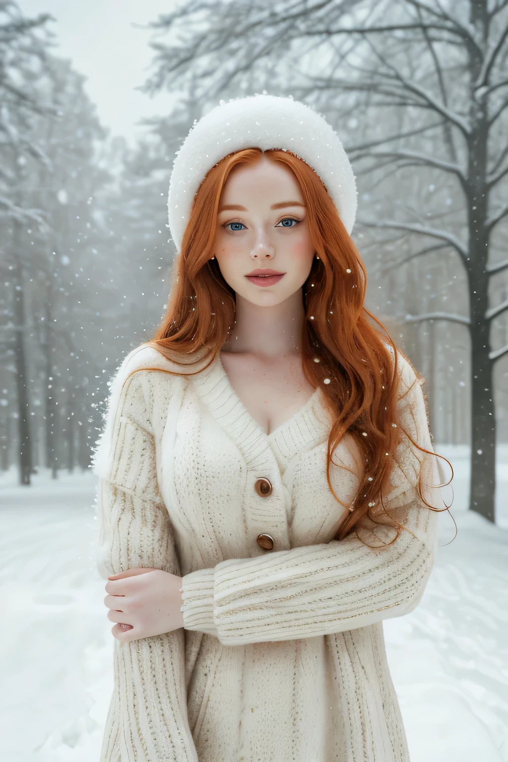 1girl in, 21, Madelaine Petsch, photo of perfect woman, 5'3", Solo, Aesthetic artwork, (irish  redhead, wavy ginger hair, shoulder length ginger hair:1.25), (some small freckles, pale skin, small breasts, B-cup, perky, hard nipples, runners body, very thin waist, skinny, petite, detailed skin texture), smile, (blank background, plain background, blank wall, Winterwald, ((heavy snowfall)), snow in hair, ((snowing)), (wearing an Sweater dress with an open fur coat over the shoulders), (extremely detailed 8k wallpaper), soft lighting, high quality, film grain, Fujifilm XT3 sharp focus, f 5.6, 50mm, High Detail, Sharp focus,(natural light), crazy details, complex details, hyper detailed