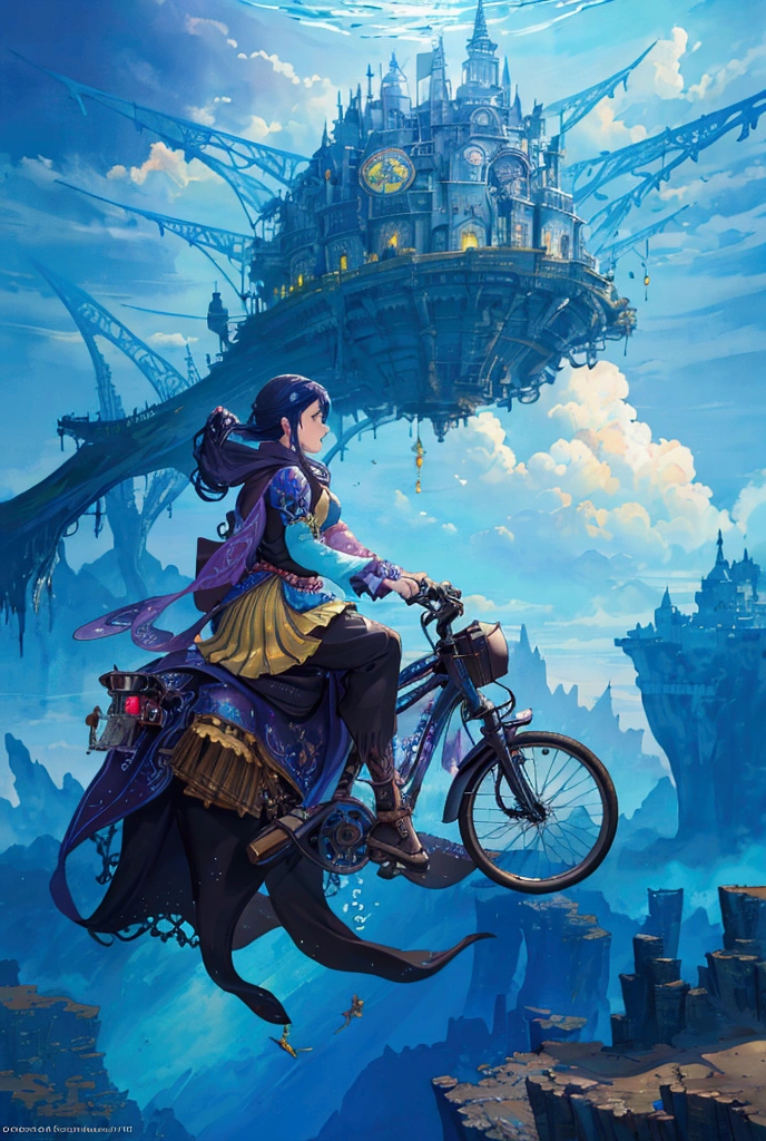 There is a picture of a woman riding a bicycle underwater,  Whimsical Fantasy Scenery , Surreal concept art,  4k Highly Detailed Digital Art, Highly detailed official artwork,  fantasy matte painting， Fantasy Painting Style ,  Colorful Concept Art ,  magical realism matte painting,   Epic Surrealism 8k Oil Painting  、Inspired by Katsuya Terada、 Terada Katsuya's Style