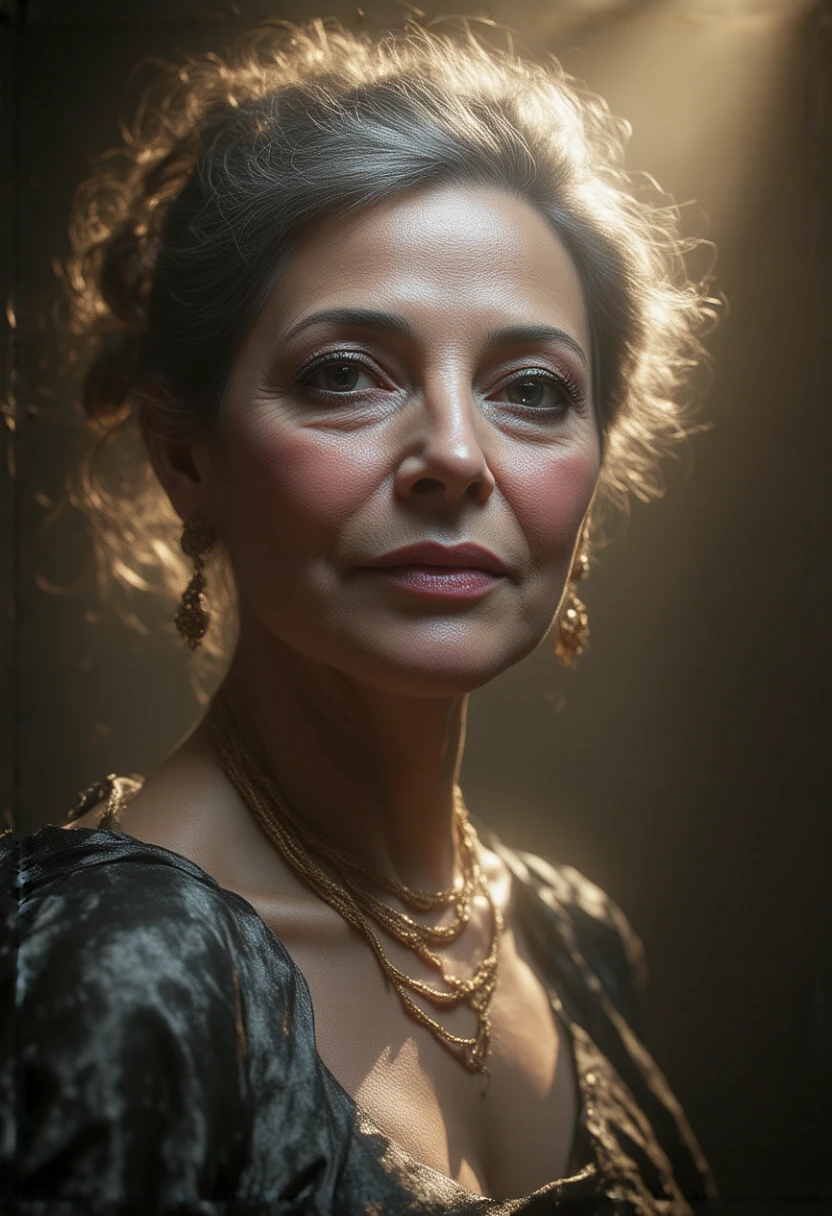 a beautiful, elegant woman in her 60s, stunning detailed facial features, piercing eyes, full lips, long eyelashes, intricate wrinkles, flawless skin, confident expression, graceful posture, flowing gray hair, ornate jewelry, shimmering satin dress, dramatic lighting, cinematic high-key lighting, dramatic chiaroscuro, rich color palette, warm golden tones, elegant high fashion, timeless beauty, stunning photorealistic portrait