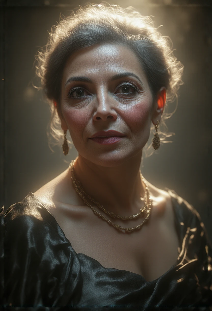 a beautiful, elegant woman in her 60s, stunning detailed facial features, piercing eyes, full lips, long eyelashes, intricate wrinkles, flawless skin, confident expression, graceful posture, flowing gray hair, ornate jewelry, shimmering satin dress, dramatic lighting, cinematic high-key lighting, dramatic chiaroscuro, rich color palette, warm golden tones, elegant high fashion, timeless beauty, stunning photorealistic portrait