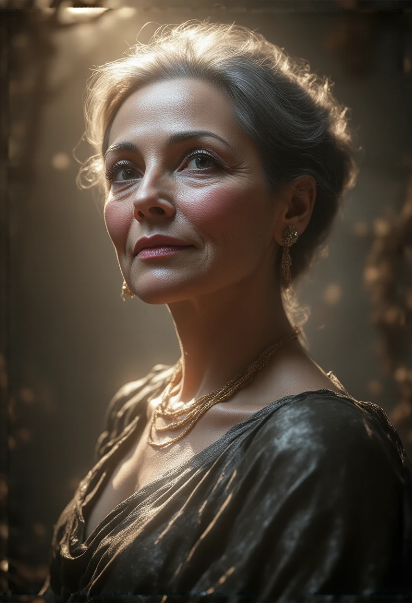 a beautiful, elegant woman in her 60s, stunning detailed facial features, piercing eyes, full lips, long eyelashes, intricate wrinkles, flawless skin, confident expression, graceful posture, flowing gray hair, ornate jewelry, shimmering satin dress, dramatic lighting, cinematic high-key lighting, dramatic chiaroscuro, rich color palette, warm golden tones, elegant high fashion, timeless beauty, stunning photorealistic portrait