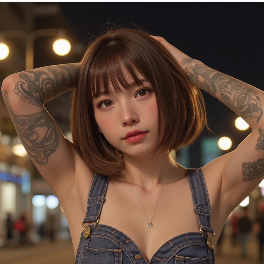 Monako ,bangs,1girl,same (Best Quality, masterpiece,  very detailed, 超高解像度Realistic, RAW Photo Absolute Resolution:1.5), (Realistic:1.4), be careful when reading , 1 female, 30-year-old woman,  Japanese woman , Realistic lighting, Backlight,  Face Light,  Ray Tracing , (thin：Weight 1.0), ( smaller breasts:1.3),  pubic skin,  sharp details , 超Realistic,  Fine and Beautiful Skin,  be careful when reading , (((Listed below:1.5,  watch the audience :1.3, close))), ((( looks at the camera))),(( full body portrait :1.2))、 (( short hair:1.5,  straight hair , bangs:1.3, Brown Hair)),  very detailed顔と肌の質感, ((Face close-up:1.2)), ((Tattooed Arms:1.2)), (( chest tattoo :1.4)),((全身を Body Covered with Tattoos :1.2)), (( Body Covered with Tattoos :1.4)),(At night:1.2),Warm Light,  dramatic light ,  Movie-like , (close:1.2),  Black Hair, ((Limbo Dance:2.0)), tank top 、denim、 sneakers(Under the lights in the studio:1.3, random pose:1.5)