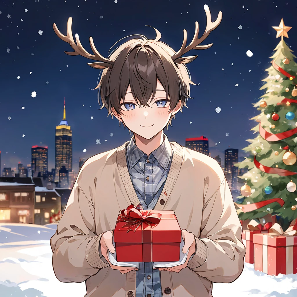 A snowy Christmas night with a blurred cityscape like New York in the background. Focusing on the bust-up of a young man standing in front of a decorated Christmas tree, wearing a beige cardigan, holding a red gift box, and smiling softly. The image captures him from the chest up, in detailed line art and transparent watercolor style, with a warm, festive atmosphere of a Western Christmas. He is not wearing a hat, and his head is uncovered with no accessories.no hat,No headwear,Bare head,No accessories on head,
