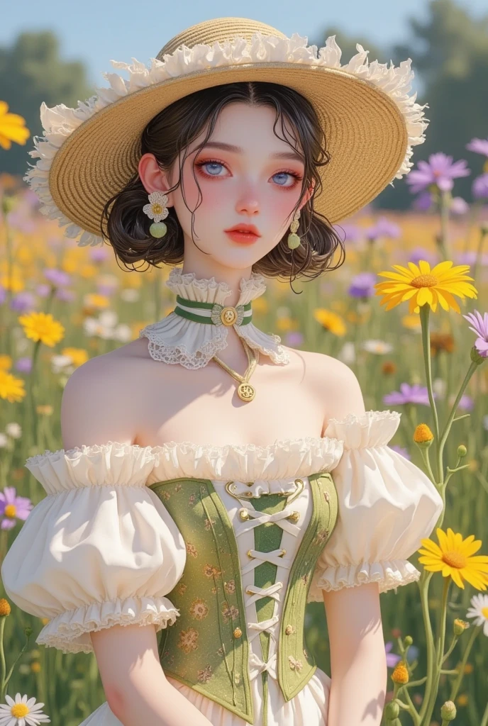 Sisters Group Photo ， Closeup of Woman Wearing a Dress and Hat in a Flower Field,  A painting inspired by Shen Sizheng , tumblr, Rococo, Dreamy and detailed,  Victorian dress ,  Ethereal Fairy Tale , retro fantasy style, Gu Weiss,  Victorian Style Outfit , 🌺 CG Society,  Delicate Dress and Face , White Hanfu, Rococo dress,  Fantastic Aesthetics !